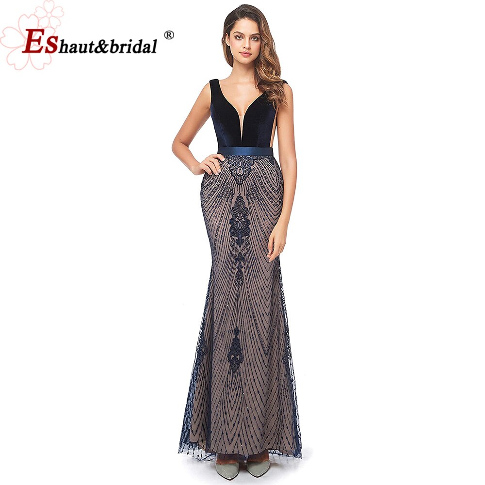 Evening wear Dresses: Black Velvet Mermaid Evening Night Dress for Women V Neck