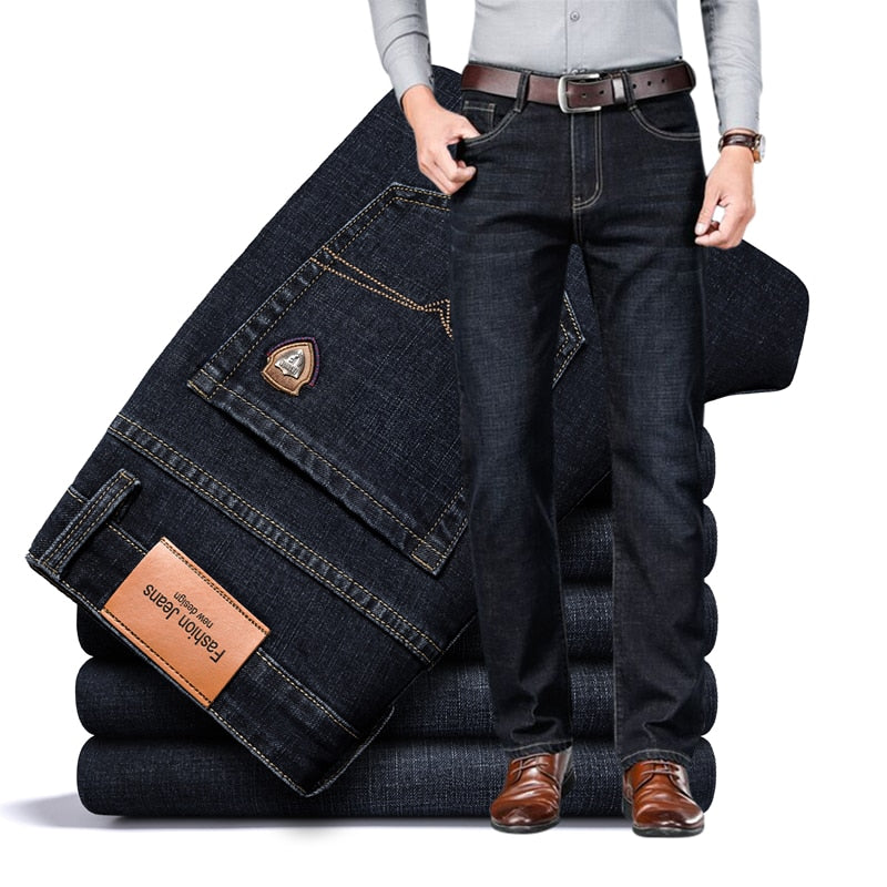 autumn spring fitted straight stretch denim jeans classic style badge youth men