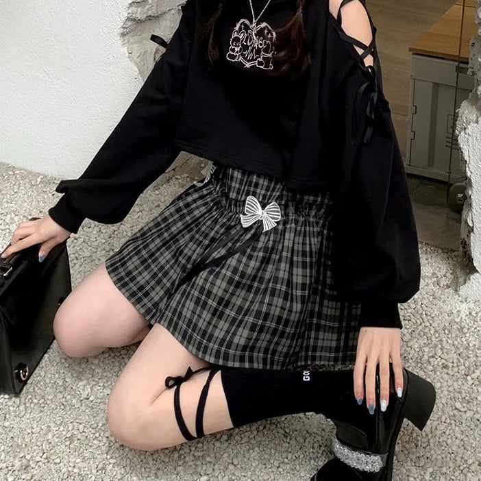 Kawaii Gothic Lolita Plaid Skirt Women Goth Bow Black High Waist A-line