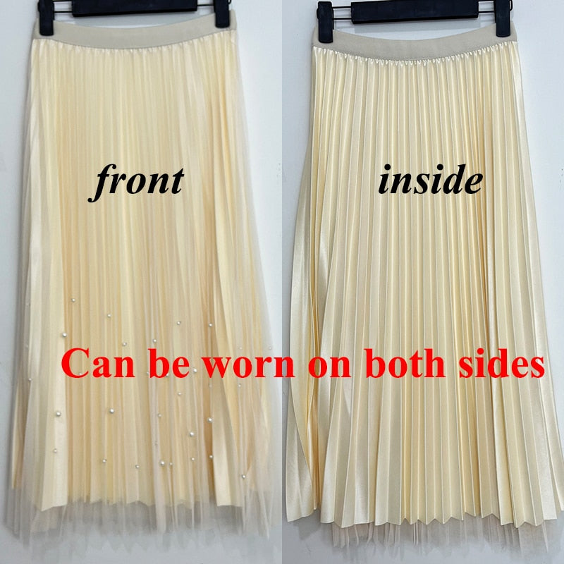 Rimocy Both Sides Wear Pearls Mesh Skirt Women Summer Velvet High Waist