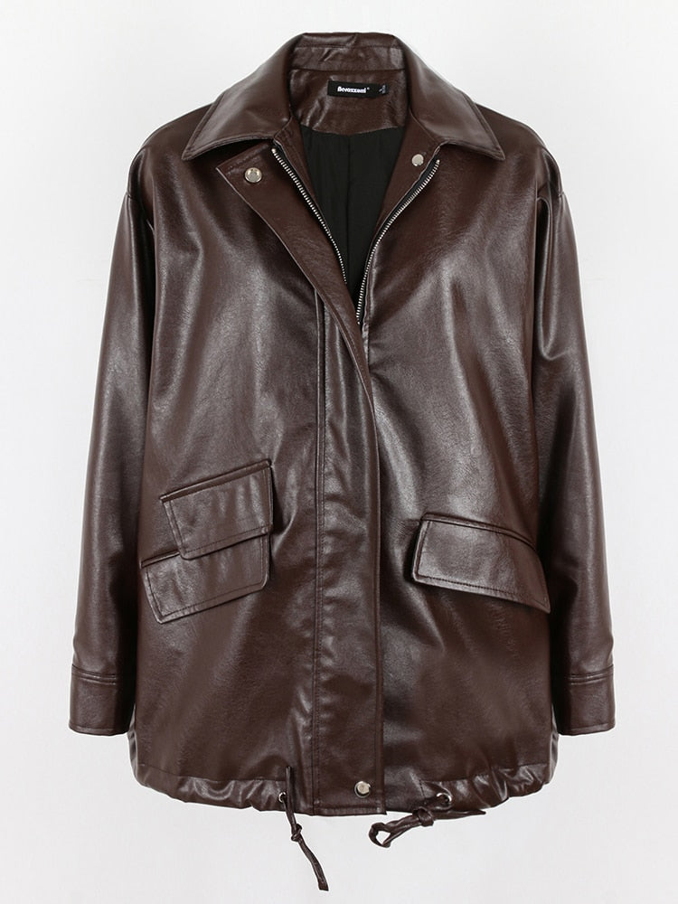 Spring Autumn Oversized Casual Waterproof Black Soft Pu Leather Jacket