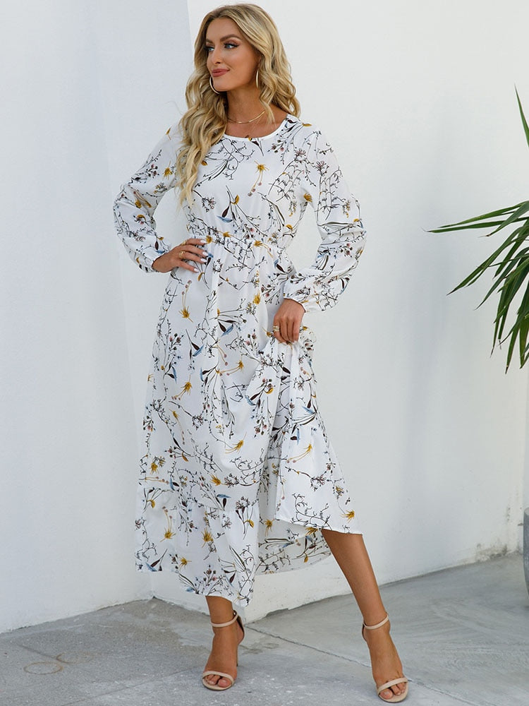 Elegant Floral Print Women Dress Spring Summer Casual O Neck Long Sleeve