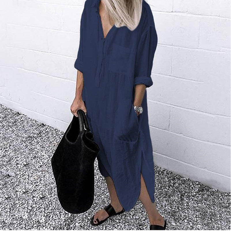 Women Shirt Dress Spring Summer Lapel Button Long Sleeve Side Split Dresses