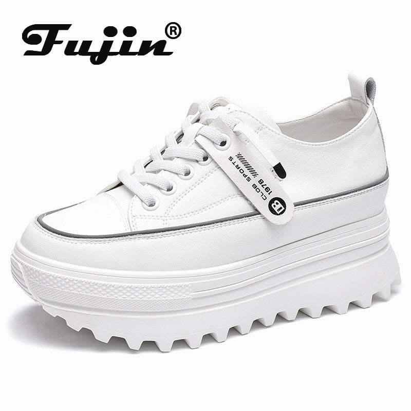 Genuine Leather Platform Wedge Shoes Chunky Sneaker White Casual Shoes Comfortable