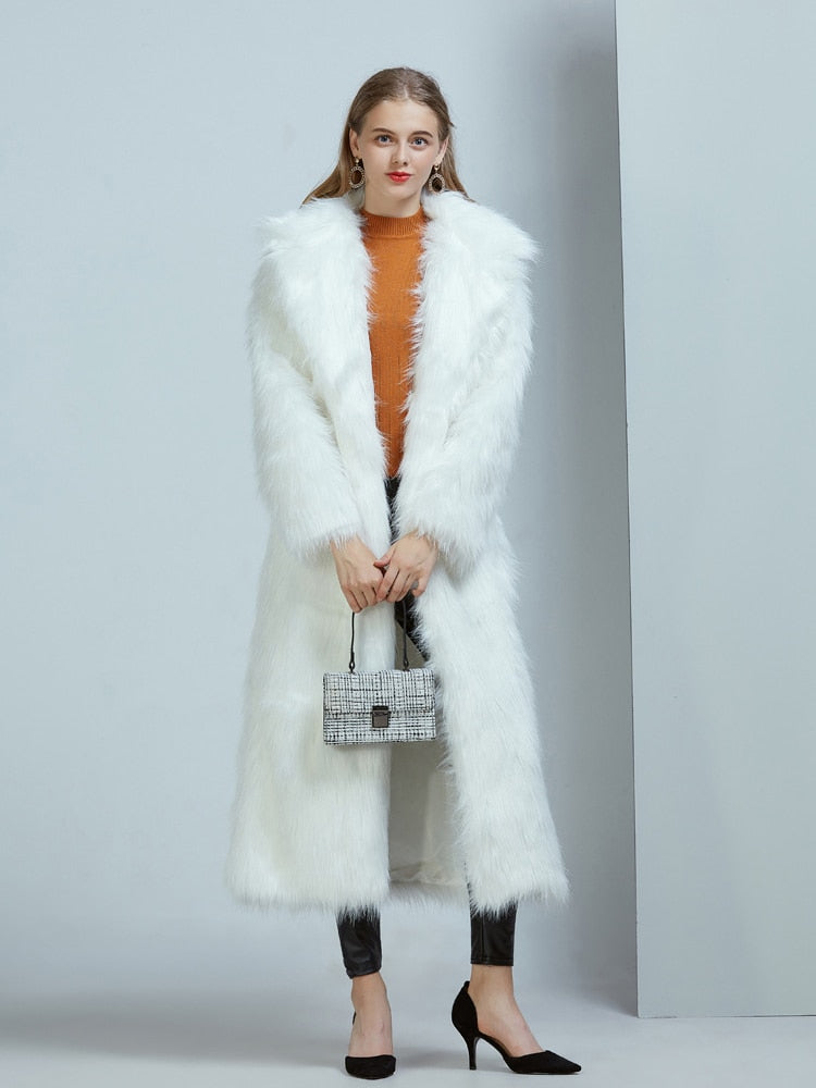 High Street Luxury Long Faux Fur Coat Women Vintage Slim Red Pink Faux fur