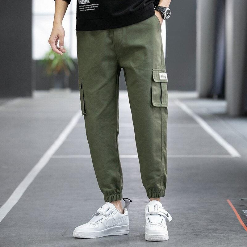 Four Seasons Men Cotton Cargo Pants Plus Size Sports Drawstring
