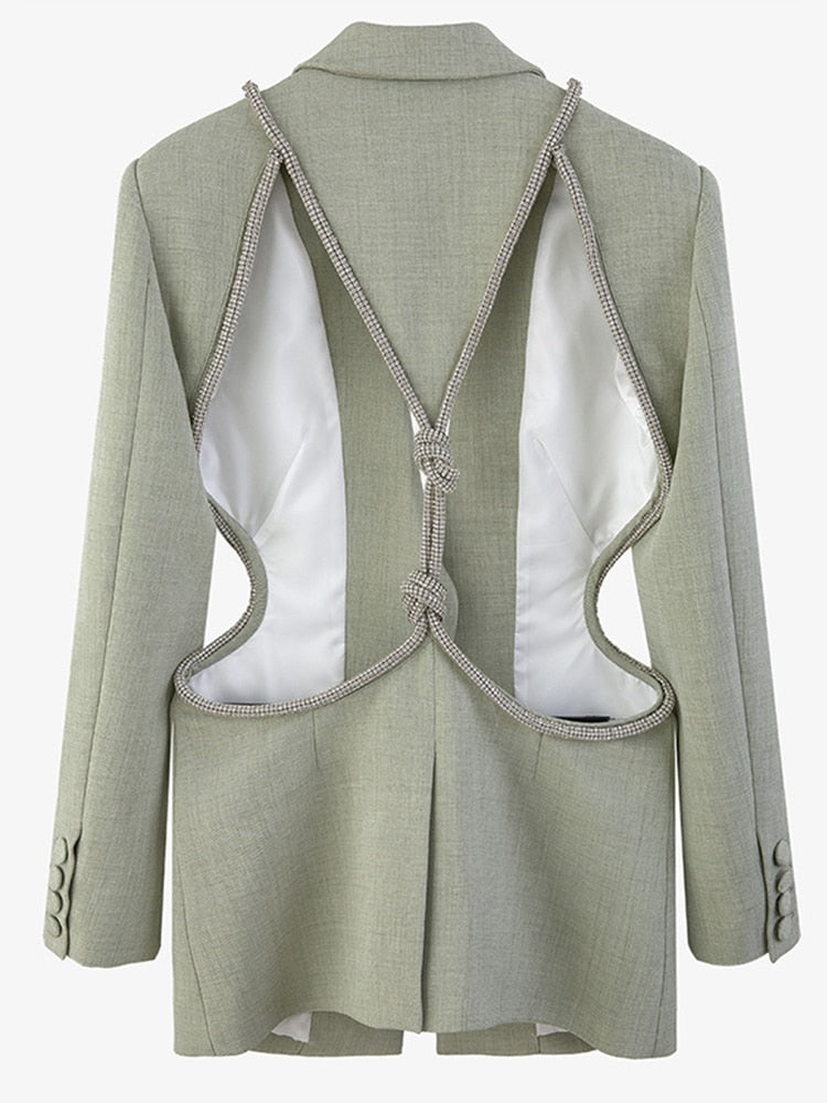 Backless Diamond Blazer Tops Female Lapel Collar Long