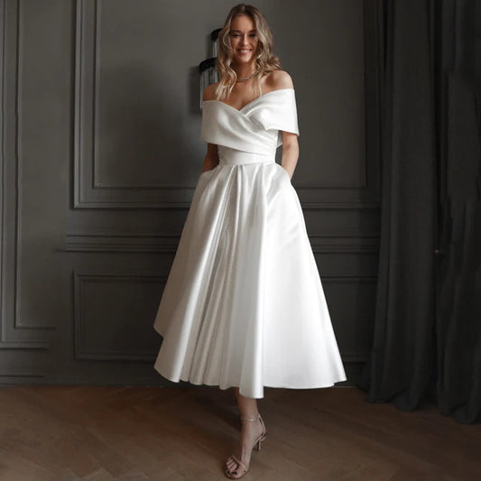 White Bridesmaid Dresses: Shoulder Wedding Dress Pleat A-Line Mid-Calf Bridal
