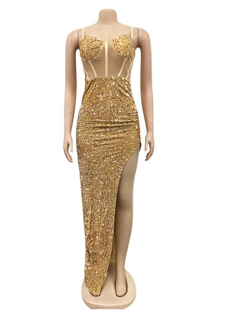 Kricesseen Sexy Gold Sequined High Split Maxi Dress Women Summer Strap Mesh