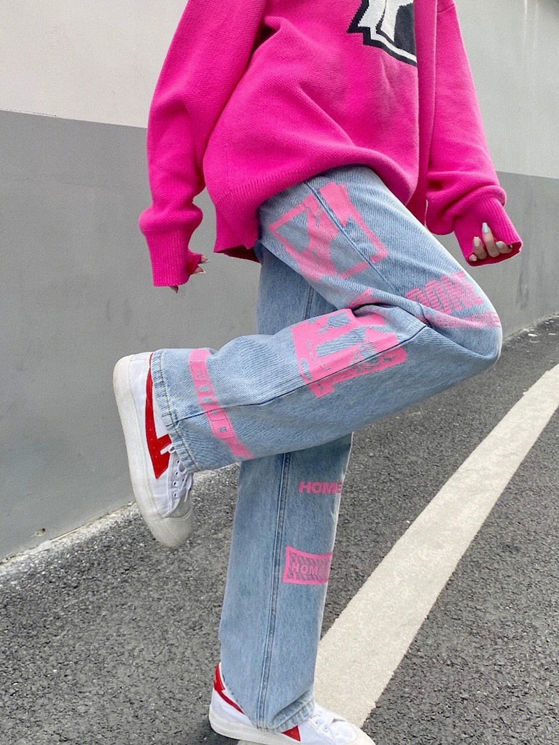 Y2k Jeans Women Graphic Pink Casual Pants Straight Wide Leg Trend