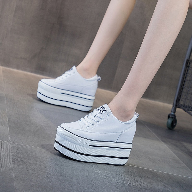 Fujin Super High Thick Heel Platform Flats Women Casual Shoes Genuine Leather