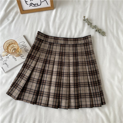 Korean Style Plaid Pleated Skirt Female Spring and Autumn High Waist Thin A-line