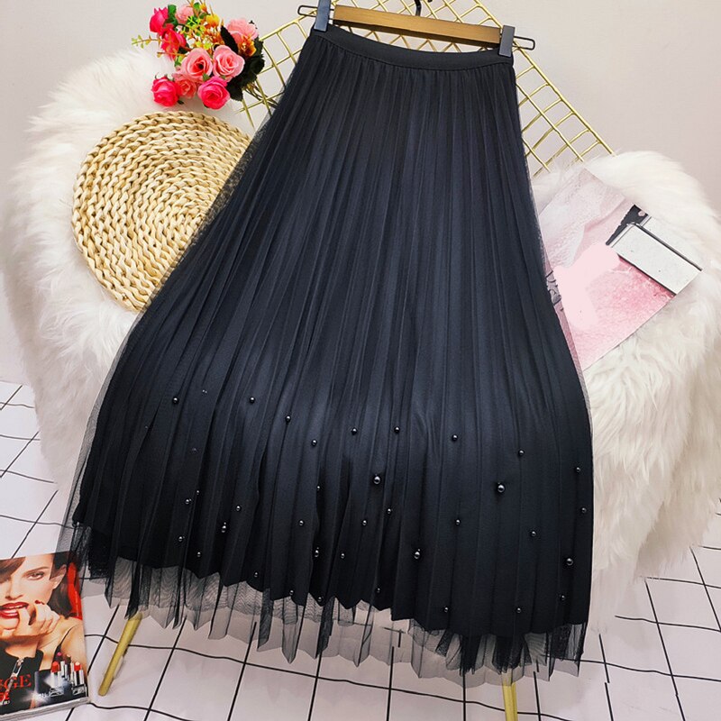 Rimocy Both Sides Wear Pearls Mesh Skirt Women Summer Velvet High Waist