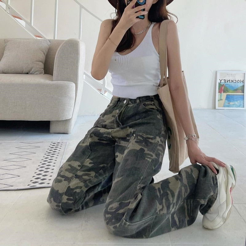 Streetwear Camouflage Jeans Woman High Waist Trend Trousers Korean