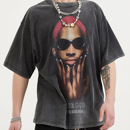 Cool Men Cotton Dennis Rodman Portrait T Shirt Short Sleeve Crew