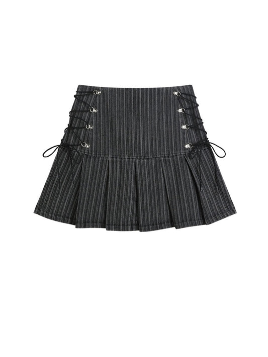 Pleated Skirt Women High Waist Grey Stripe Bandage Mini Skirts