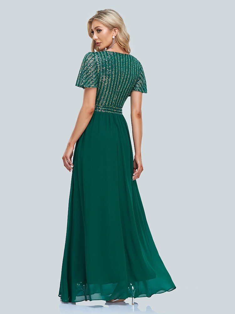 Homecoming Dresses: Women short sleeved V-neck Sequin stitched Chiffon A-line