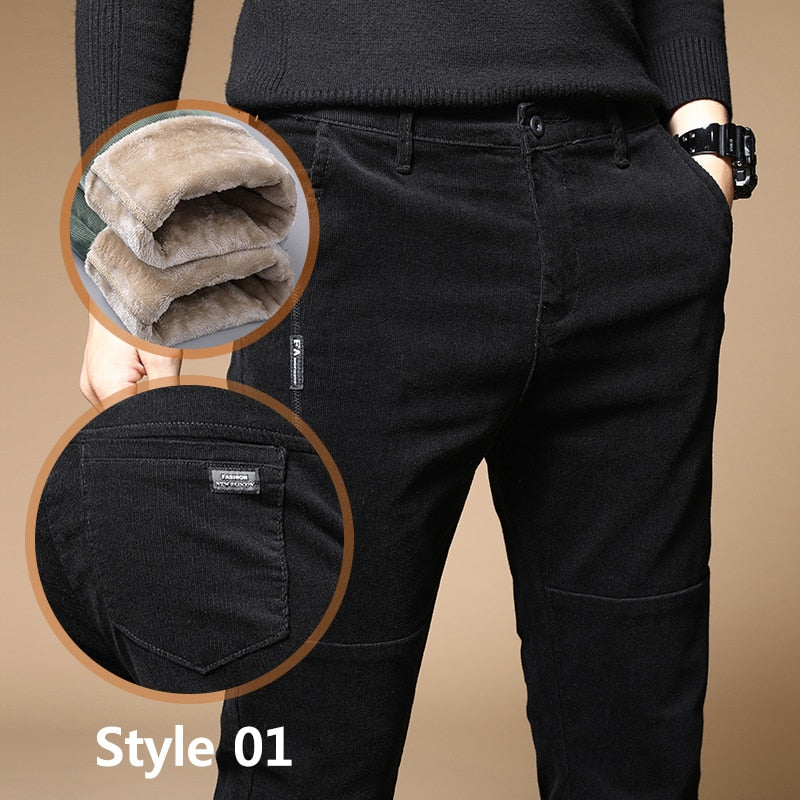 Winter Fleece Warm Corduroy Pants Men Stretch Thick Elastic Waist Fluff Pant