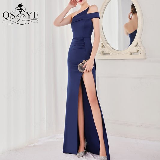 One Shoulder Navy Prom Dresses Fitted Sexy Split Long Party Gown Dark Blue