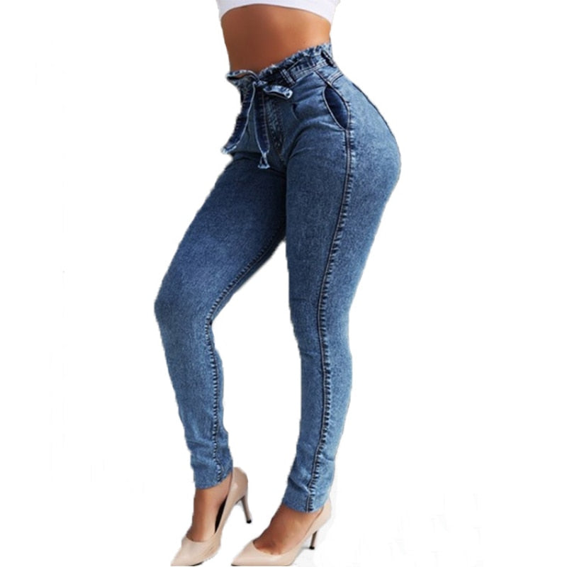High Waist Jeans For Women Slim Stretch Denim Jean Bodycon Tassel Belt