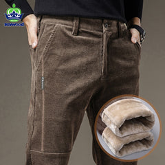 Winter Fleece Warm Corduroy Pants Men Stretch Thick Elastic Waist Fluff Pant