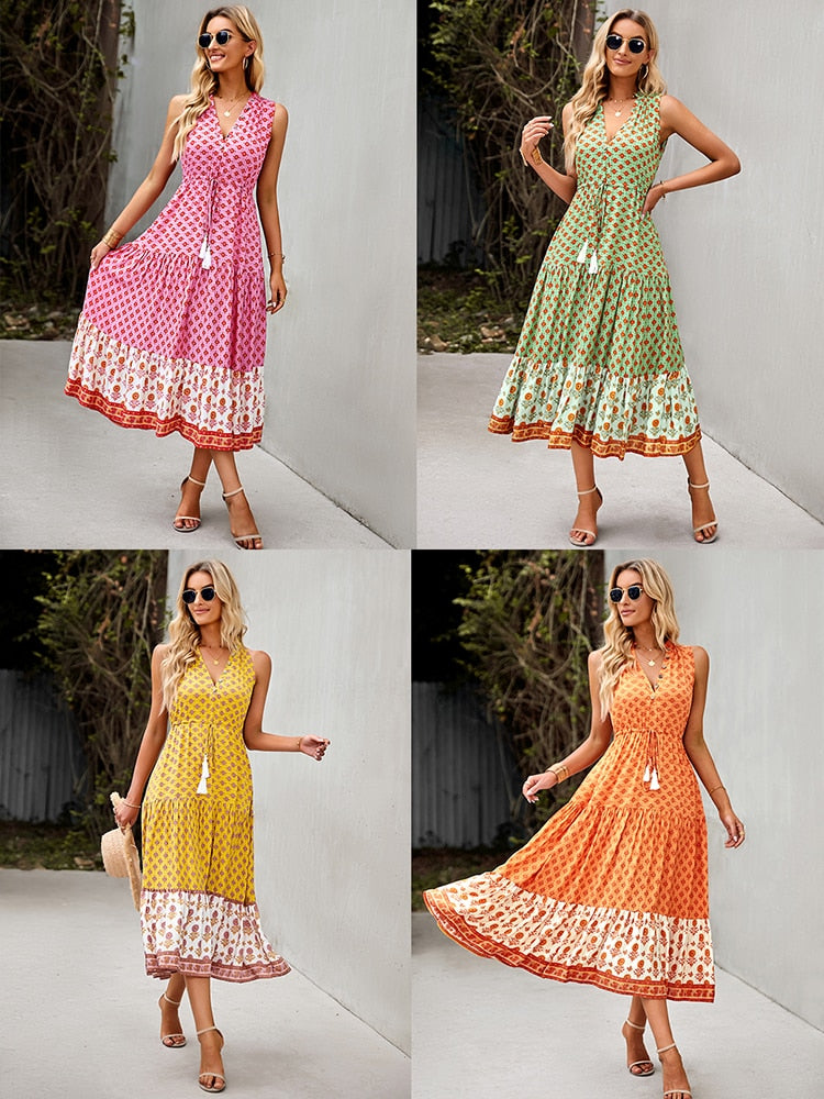 Jastie Women Summer Dress Floral Print Maxi Dresses Bohemian Hippie Beach Long