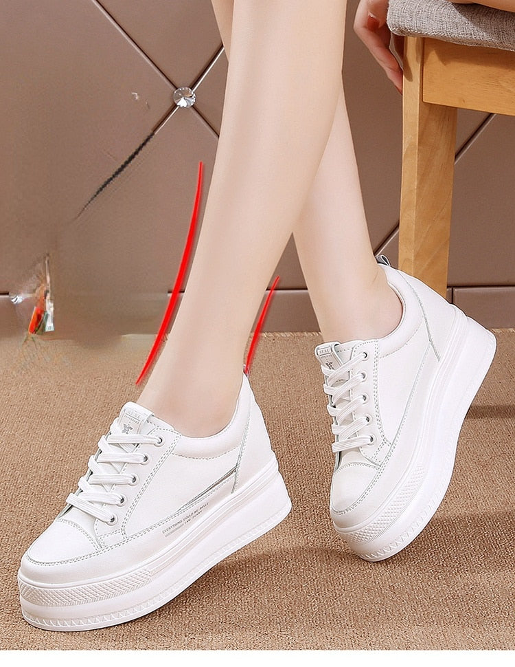 Fujin 7cm Microfiber Leather Women Casual Shoes White Platform Wedge Hidden Heel