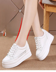 Fujin 7cm Microfiber Leather Women Casual Shoes White Platform Wedge Hidden Heel