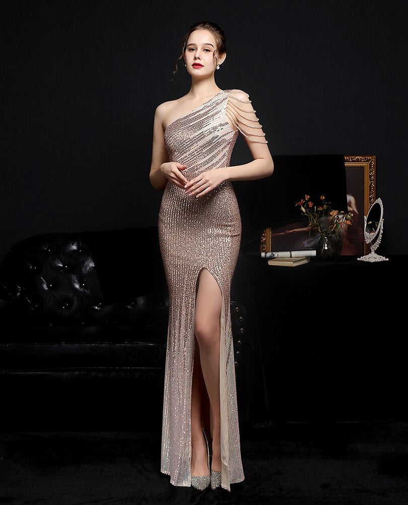 Evening wear Dresses: One Shoulder Split Evening Dress Long Sequins Mermaid