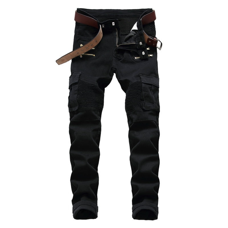 Classic Retro Jeans Men Straight Slim Zipper Decoration Light Fold Skinny Denim