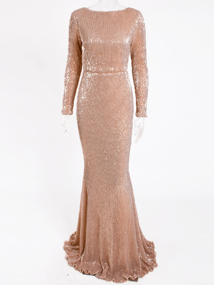 Evening wear Dresses: Mermaid Sequin Evening Gown Burgundy O Neck Stretch