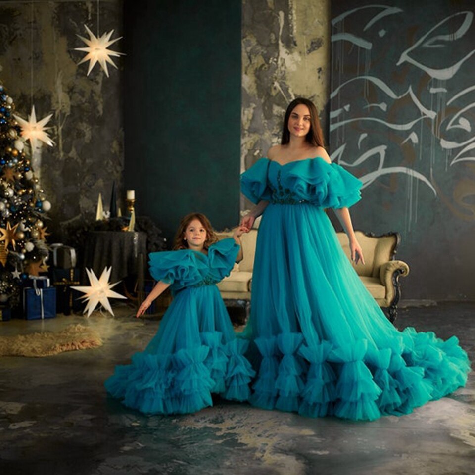 Evening wear Dresses: Mother And Daughter Matching Tulle Fluffy Dresses Ruffle