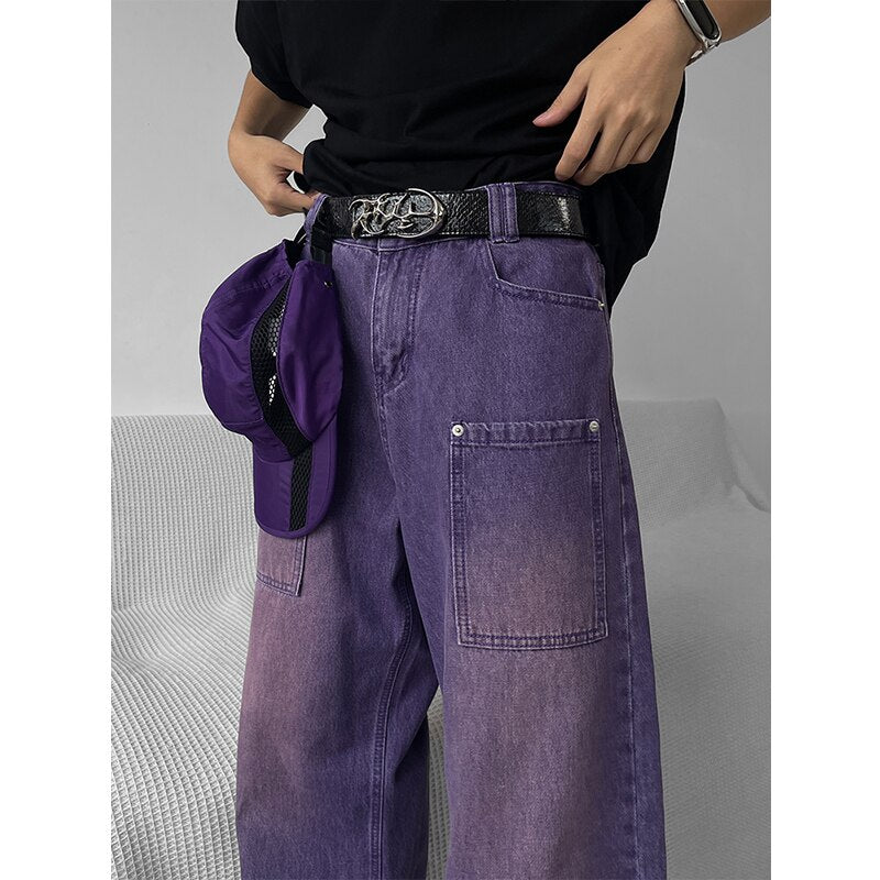 Summer Gradient Purple Vintage Jeans Fashion Pocket High Waist Baggy