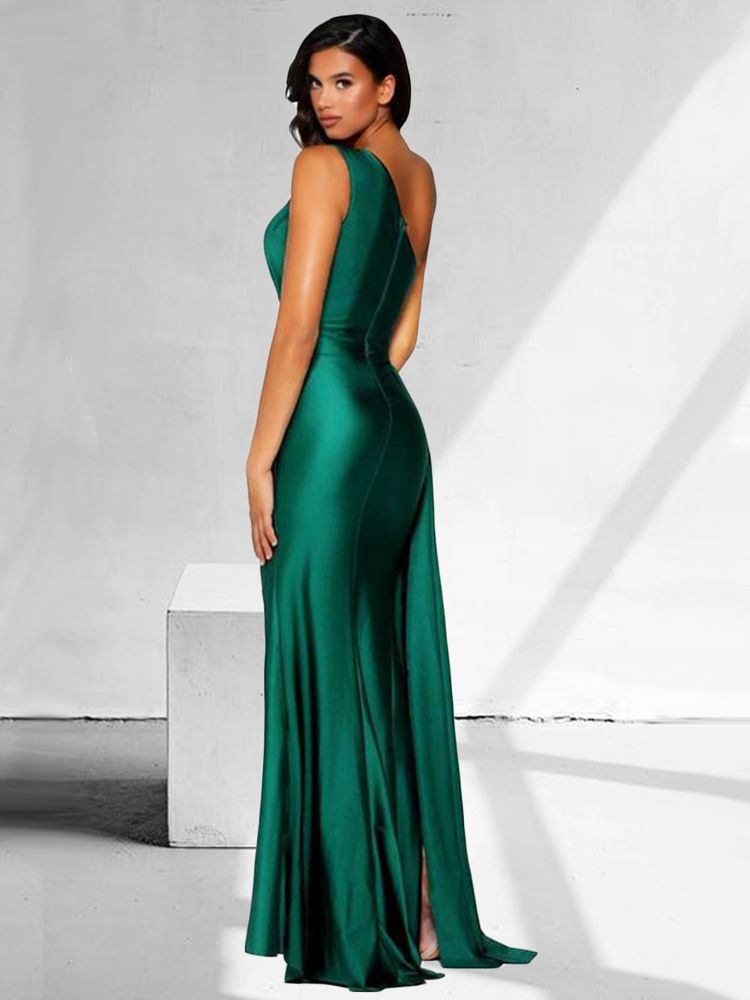 Evening Dresses: Night Dress Burgundy Stretch Satin One Shoulder
