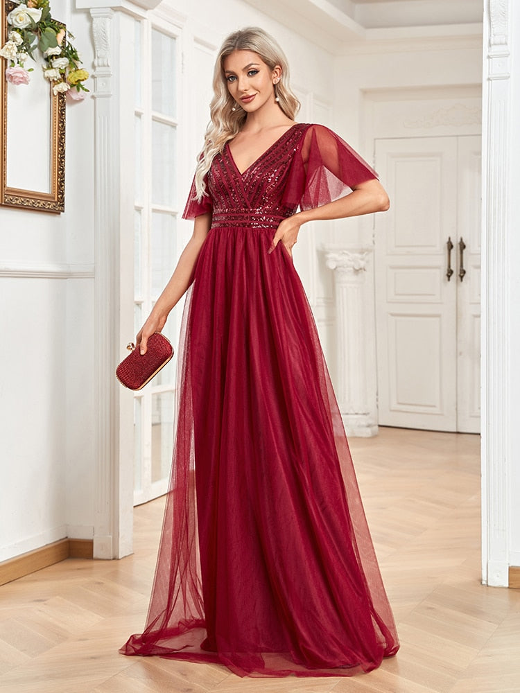 Evening wear Dresses: A-LINE Chiffon Short Sleeve V-Neck Simple Sequins Wedding
