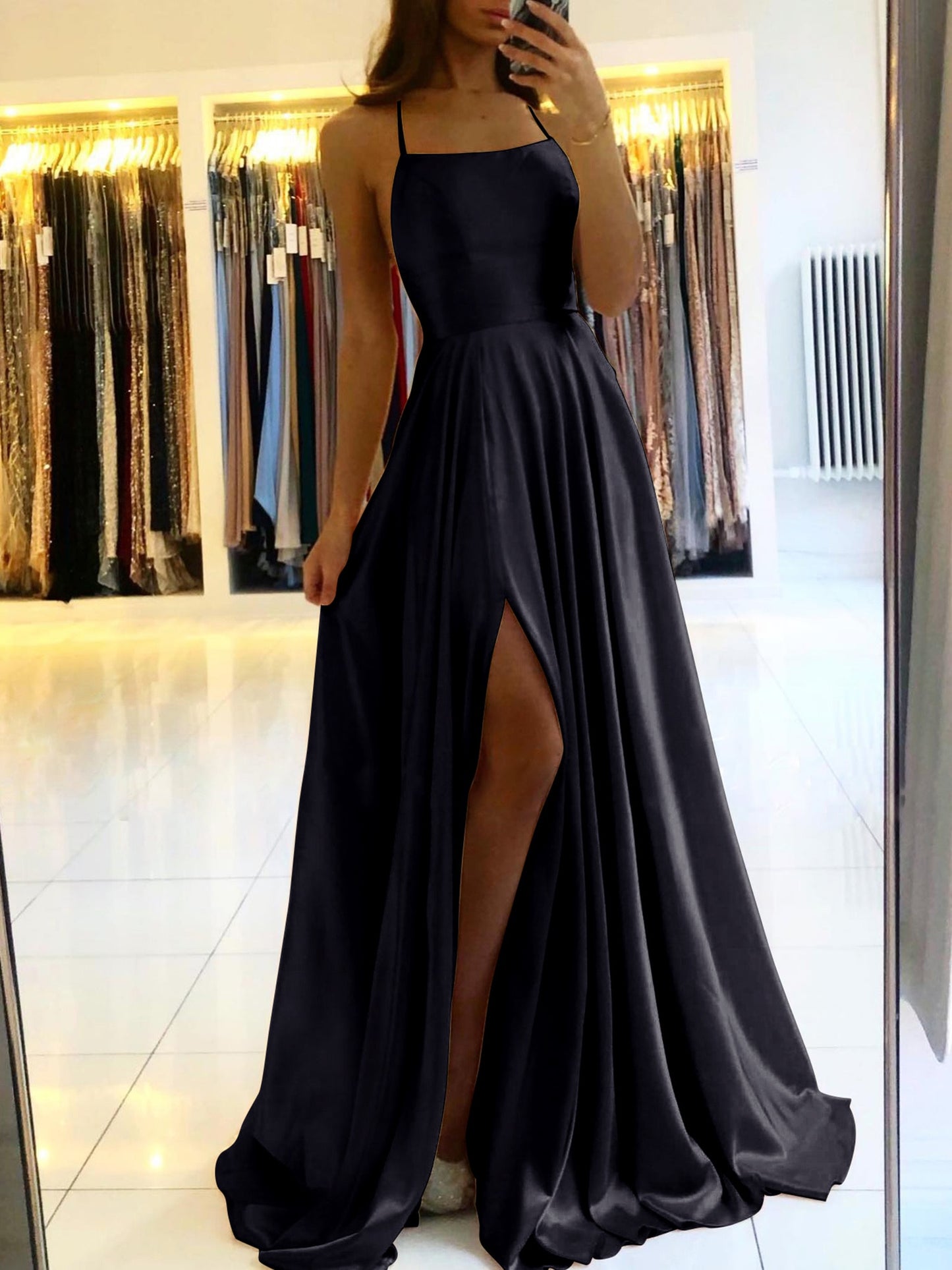 Homecoming Dresses: A-line Long Satin Prom Dresses Women Simple Spaghetti Straps