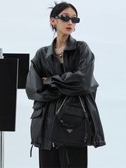 Spring Autumn Oversized Casual Waterproof Black Soft Pu Leather Jacket