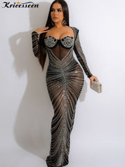 Mesh Rhinestone Crystal Patchwork Maxi Dress Gown Luxury