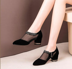 Summer Women High Heel Shoes Mesh Breathable Pumps Zip Pointed Toe Thick