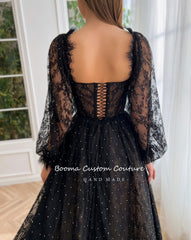 Booma Black Sweetheart Lace A-Line Prom Dresses Long Puff Sleeves Rhinestones