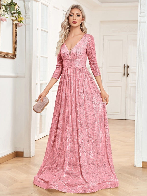 Evening wear Dresses: Women Beading Dress Long Prom Gowns V Neck Long Sleeves