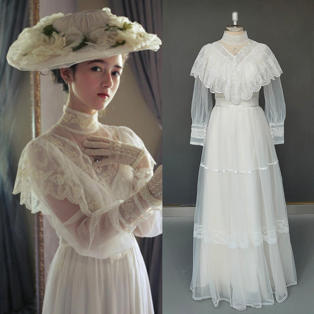 White Bridesmaid Dresses: High Neck Tulle Wedding Dress Vintage Long Sleeve Lace