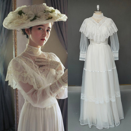 White Bridesmaid Dresses: High Neck Tulle Wedding Dress Vintage Long Sleeve Lace
