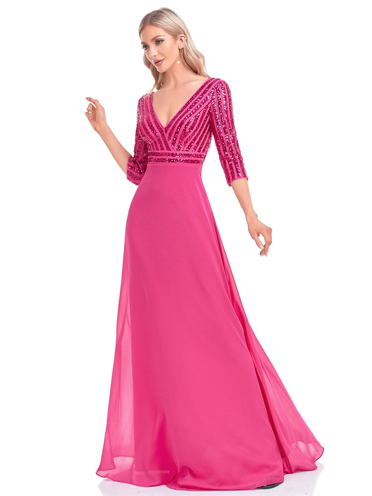 Evening wear Dresses: V Neck Pink Evening Dress Wedding Party