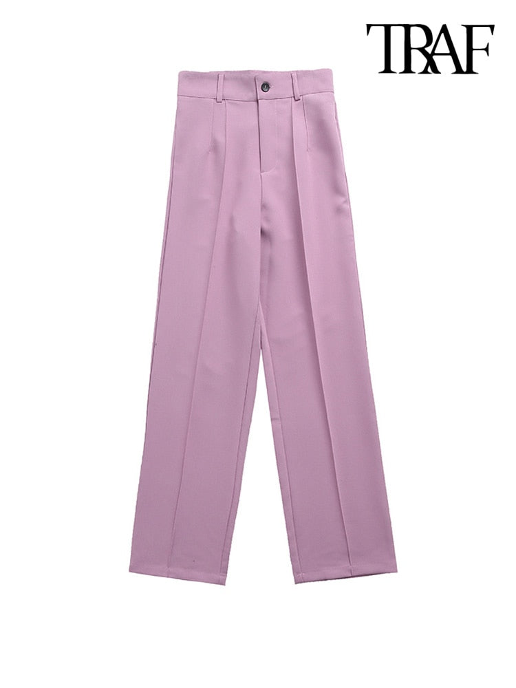 Women Chic Fashion Office Wear Straight Pants Vintage High Waist Zipper