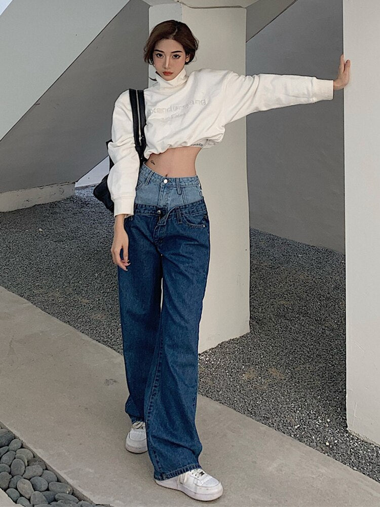 Stylish Fake Two Piece Jeans Women Patchwork Daddy Pants Female Baggy Jeans