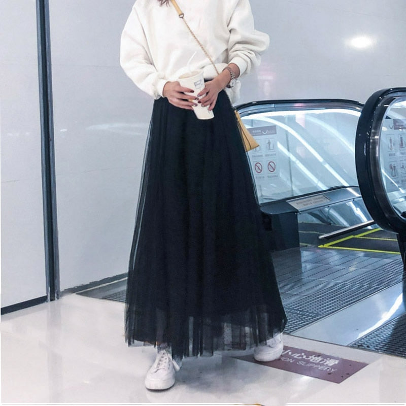Vintage Bohemian Tulle Long Skirt Women Elastic High Waist  A-line Pleated Mesh