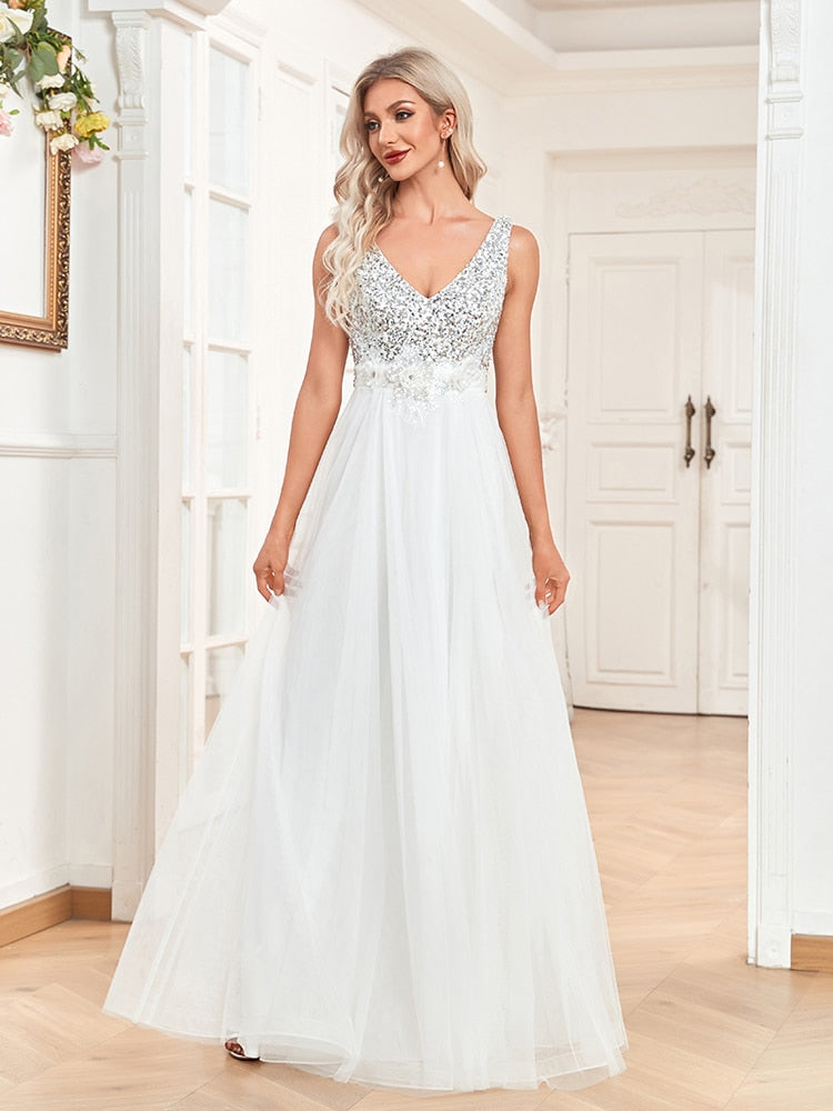 Evening wear Dresses: V-Neck Sleeveless Sequin Floor Length Evening Dress White