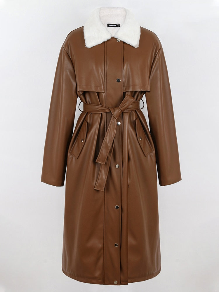 Winter Long Loose Casual Thick Warm Brown Black Pu Leather Coats