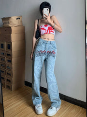 Y2k Jeans Women Graphic Pink Casual Pants Straight Wide Leg Trend